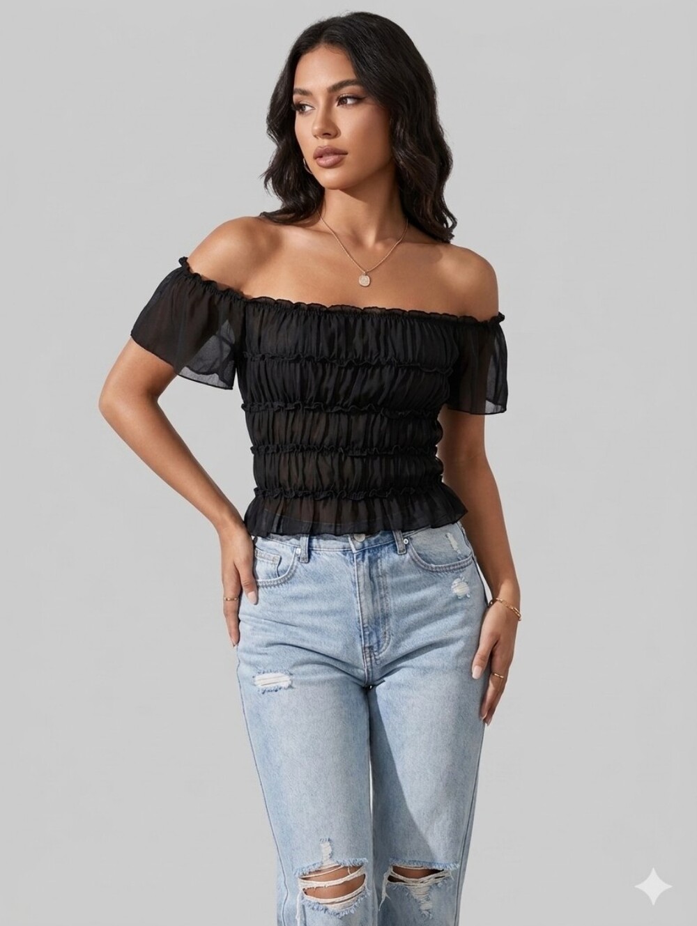 Chiffon Ruffle Blouse Black Elastic Off Shoulder Blouse No Tags Size XS